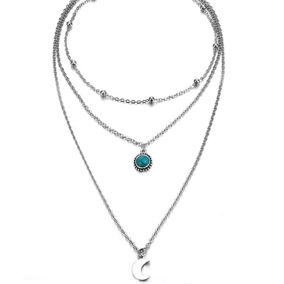 Boho Silver Moon Pendant Turquoise Layered Necklace - Picture 2 of 8